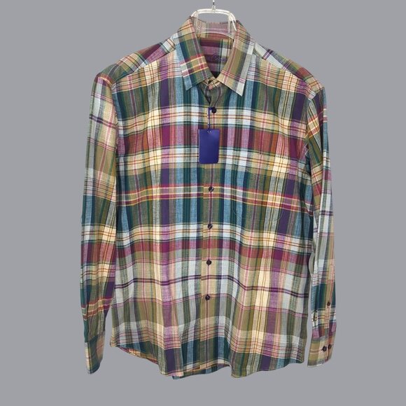 Alan Flusser Button Down Medium Plaid Green NWT - Picture 1 of 9